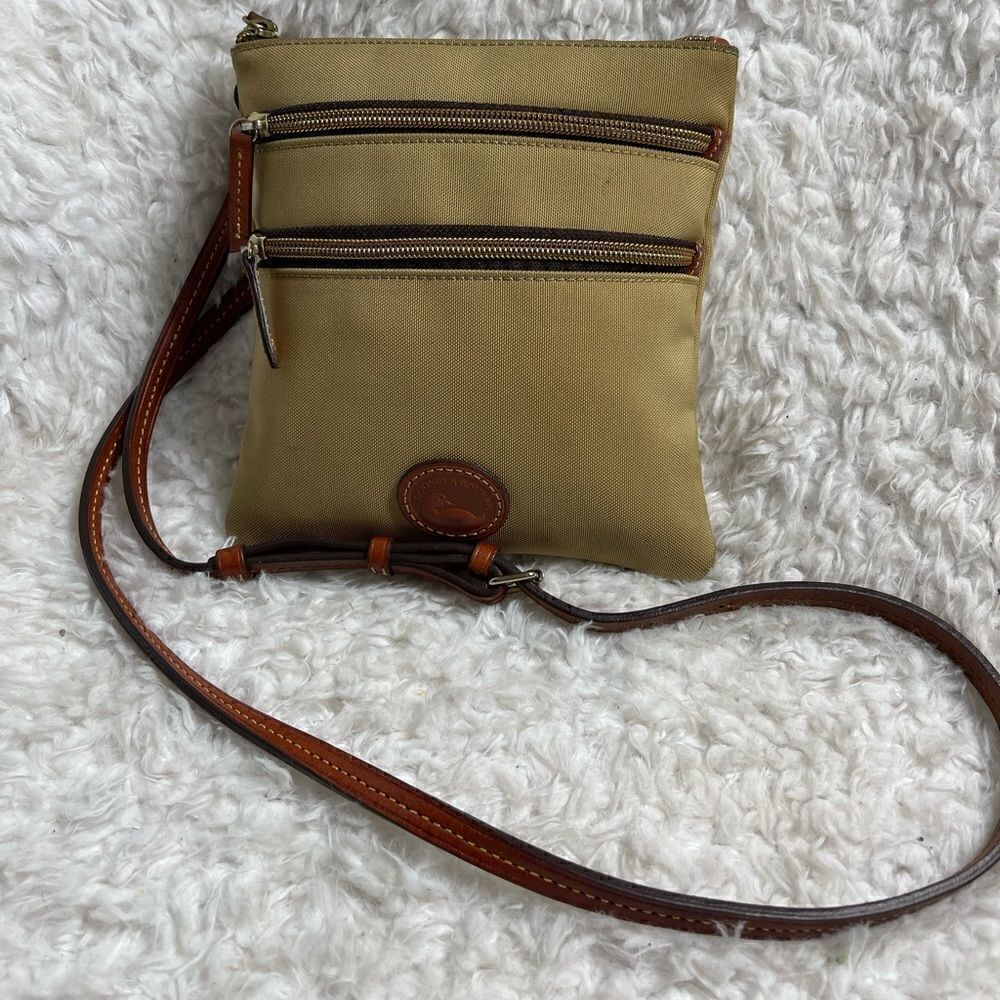 Dooney& Bourke Nylon North South TripleZip Khaki crossbody bag leather tan strap